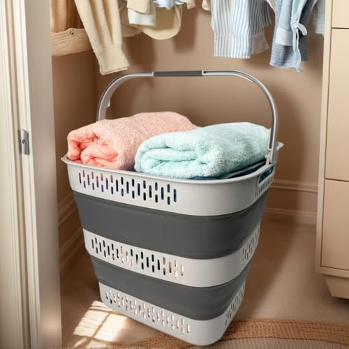 SAMMART 38L(10 Gal) Collapsible Laundry Basket - Foldable Pop-Up Storage Container/Organizer-Portable Space Saving Hamper, Measure 17.5x13.3x15.7"/3.8" Expanded/Collapsed (2, Grey) - color: Grey