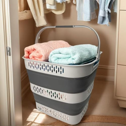 SAMMART 38L(10 Gal) Collapsible Laundry Basket - Foldable Pop-Up Storage Container/Organizer-Portable Space Saving Hamper, Measure 17.5x13.3x15.7"/3.8" Expanded/Collapsed (2, Grey) - color: Grey