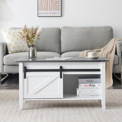 VINGLI Farmhouse Lift Top Coffee Table,36" Living Room Table,White Charcoal