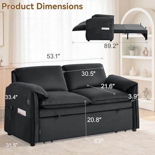 63" 3-in-1 Velvet Convertible Sleeper Sofa Bed, Modern Adjustable Backrest Loveseat Pull Out Couch with USB & Side Pocket, Small Space Love Seat Sofa Bed for Living Room, Bedroom, Dark Grey Velvet - color: Dark Grey