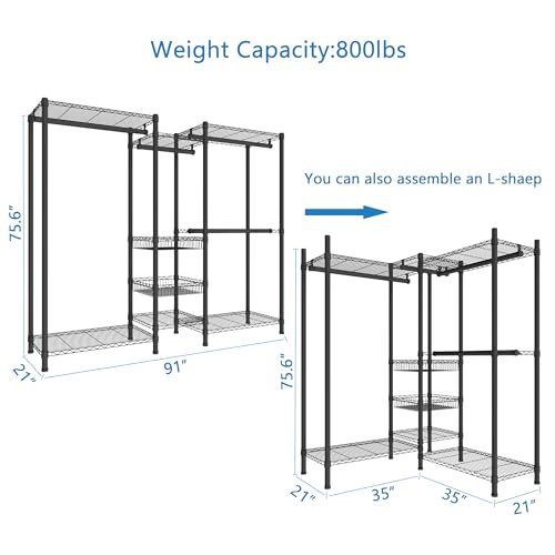 Xiofio Freestanding Heavy Duty Clothes Rack, Wire Clothing Rack with Hanging Rod,Adjustable Shelves & 2 Slid Fixed Baskets,60.7" L x 15.7" W x 75.6" H Max Load 720LBS,Black. - color: Black