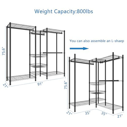 Xiofio Freestanding Heavy Duty Clothes Rack, Wire Clothing Rack with Hanging Rod,Adjustable Shelves & 2 Slid Fixed Baskets,60.7" L x 15.7" W x 75.6" H Max Load 720LBS,Black. - color: Black