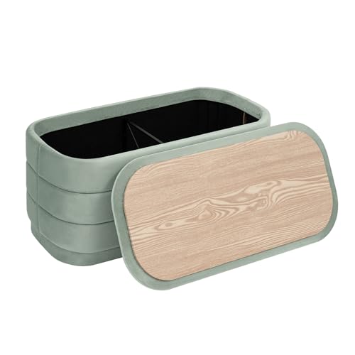 30" Velvet Storage Ottoman Bench with Wooden Tray Lid, Folding Large Upholstered Ottoman Footstool for Living Room, Rectangular Padded Foot Rest for Bedroom Living Room Dorm, Sage Green - color: Sage Green, size: 30"D x 15"W x 15"H