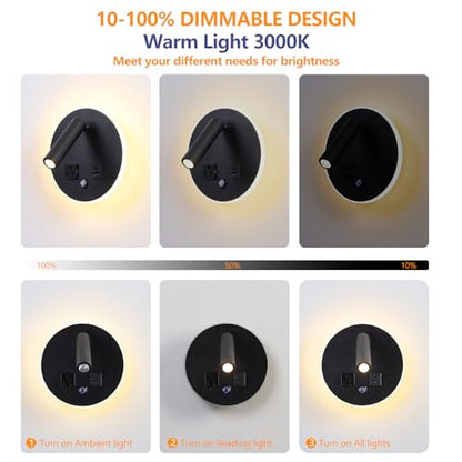 LED Round Wall Sconce with Dimmable Light, 6W+3W 3000K Night Light, Adjustable Plug-in Headboard Lamp with USB & USB-C Ports, Bedside Reading Light for Bedroom(Black) - color: Black