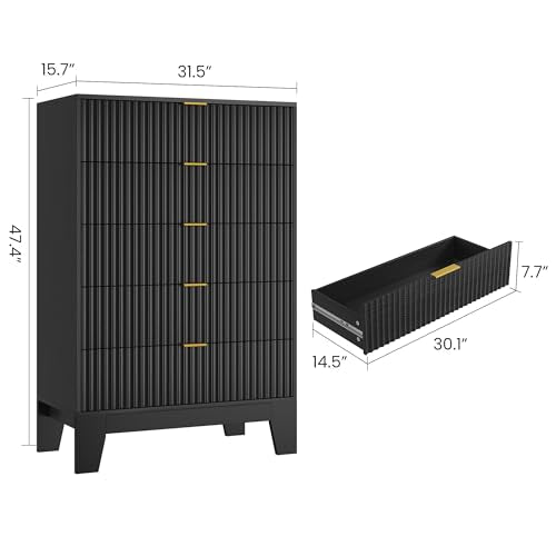 IDEALHOUSE 5 Drawer Dresser for Bedroom, Fluted Dresser for Bedroom | Fluted Door, Sturdy Structure, Easy to Clean - color: Black, size: 31.5"D x 15.6"W x 47.2"H (5 Drawers)