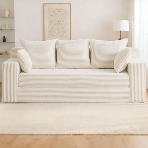 3 Seater Boneless Couch for Living Room, Convertible Futon Sofa Bed Comfy Pull Out Couch with 5 Pillows & Detachable Washable Cover, Upholstered Floor Sofa in A Box, No Assembly Required, Beige - color: Beige, size: Three Seat-70''
