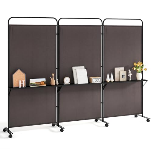 Giantex 3 Panel Room Divider with Wheels and Shelves, 103" W x 74" H Folding Privacy Screen, Rolling Partition Separator for Home Office Studio, Fabric Wall Divider for Room Separation (Brown) - color: Brown