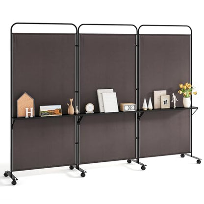 Giantex 3 Panel Room Divider with Wheels and Shelves, 103" W x 74" H Folding Privacy Screen, Rolling Partition Separator for Home Office Studio, Fabric Wall Divider for Room Separation (Brown) - color: Brown