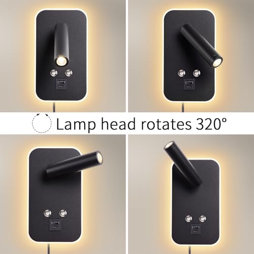 Wall-Mounted LED Bedside Reading Light Plug-in, with USB Charging Port, Stepless Touch Dimming, 3000K Warm Ambient Lighting Wall Lamp Sconce for Bedroom, Eye-Caring Bedroom Lighting (Black) - color: Black (with plug)
