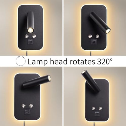 Wall-Mounted LED Bedside Reading Light Plug-in, with USB Charging Port, Stepless Touch Dimming, 3000K Warm Ambient Lighting Wall Lamp Sconce for Bedroom, Eye-Caring Bedroom Lighting (Black) - color: Black (with plug)
