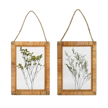 NIKKY HOME Rattan Framed Botanical Wall Art Set of 2 Natural Dried Flowers Grass Plant Artwork with Clear Glass Display Frame and Jute Rope Gallery Wall Decor Living Room Decor