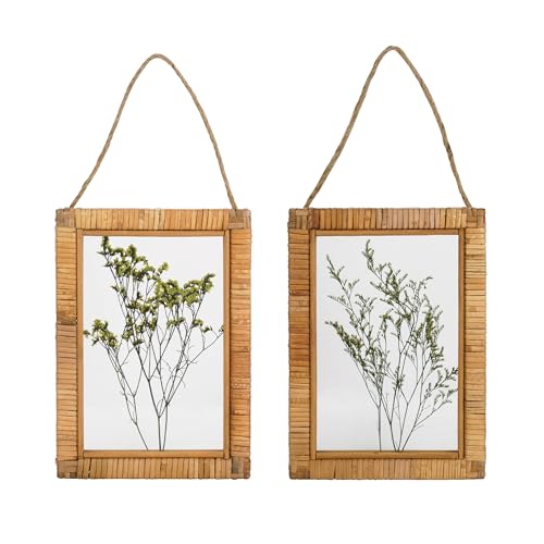 NIKKY HOME Rattan Framed Botanical Wall Art Set of 2 Natural Dried Flowers Grass Plant Artwork with Clear Glass Display Frame and Jute Rope Gallery Wall Decor Living Room Decor