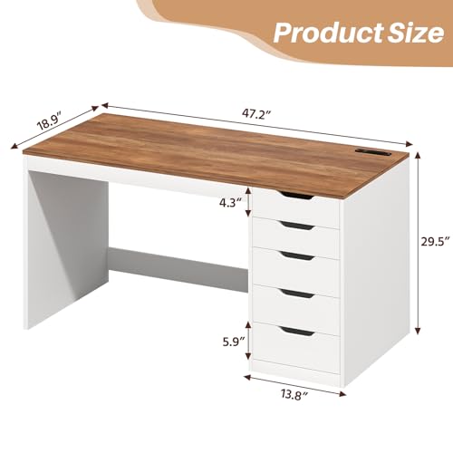 47 Inch Small Computer Desk with 5 Drawers and Outlets for Home Office | Home Office Desks with Storage File Cabinet and Charging Station, Modern Simple Laptop Desk Writing Table, Brown and White - color: Brown and White