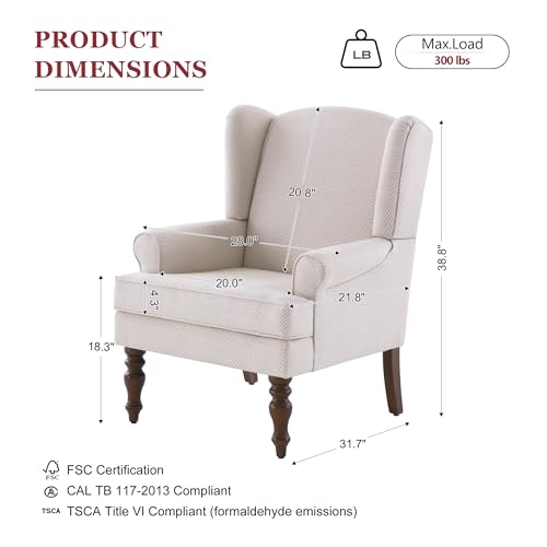 HUIMO Printed Wingback Accent Chair, Linen Upholstered High Back Armchair, Comfy Reading Chair for Living Room Bedroom Study, 300lbs Weight Capacity (1, Tan with Lines) - color: Tan With Lines
