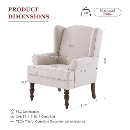 HUIMO Printed Wingback Accent Chair, Linen Upholstered High Back Armchair, Comfy Reading Chair for Living Room Bedroom Study, 300lbs Weight Capacity (1, Tan with Lines) - color: Tan With Lines