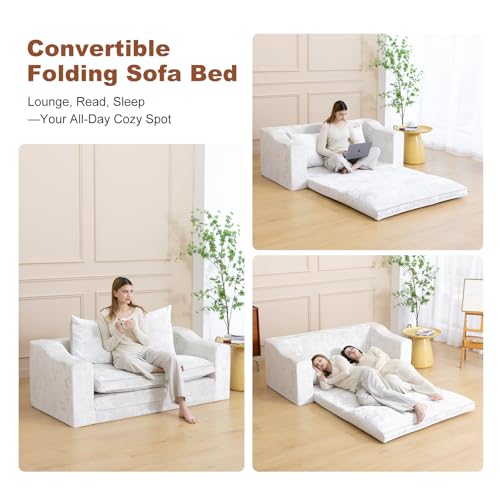 61" Boneless Loveseat Sleeper, Folding Sofa Bed, Diamond Velvet Cover,White | Memory Foam Pull Out Futon Bed with Removable Washable Cover, Space-Saving Fold Out Couch for Living Room & Guest Room - color: White