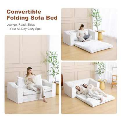 61" Boneless Loveseat Sleeper, Folding Sofa Bed, Diamond Velvet Cover,White | Memory Foam Pull Out Futon Bed with Removable Washable Cover, Space-Saving Fold Out Couch for Living Room & Guest Room - color: White