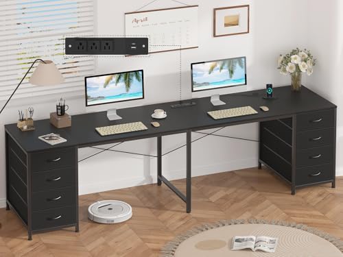 95" 2 Person Desk with 8 Fabric Drawers for Home Office, Living Room | Long Computer Desk Office Desks with Storage, Two Person Double Desks with Power Outlets, Black - color: Black, size: 18.9"D x 94.5"W x 29.3"H