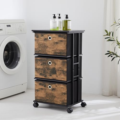 MAX Houser Dresser Storage with 3 Drawers, Fabric Tower Nightstand, Chest of Drawers,Vertical Storage Unit Organizer for Closets,Bedroom,Dorm, Wood Top, Rustic Brown Wood Grain Print - color: Brown