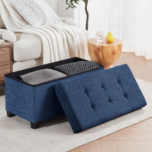 Ornavo Home 30" Large Storage Ottoman Bench with Legs, Navy Blue | Foot Rest Stool; Ottoman with Hidden Storage; Ideal for Bedroom, Living Room, Entryway or Home Office - color: Navy Blue, size: 15"D x 30"W x 15"H