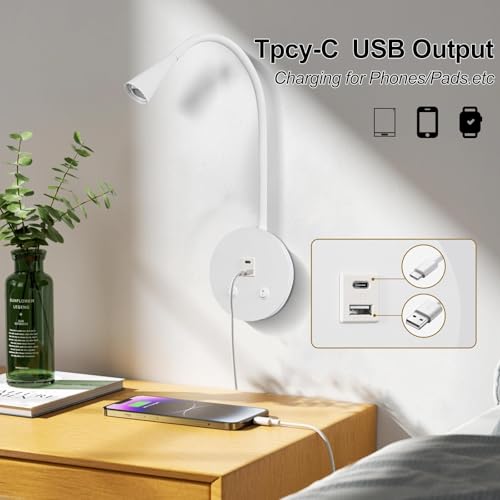White Headboard Reading Light, 2 Pack Led Wall Mounted Book light, Bedroom Reading Lamp, USB Output, Night Light & Switch, Wall Sconce for Bedtime Reading, Gooseneck Headboard Bed Lights Wall Sconce - color: White-2 Pack