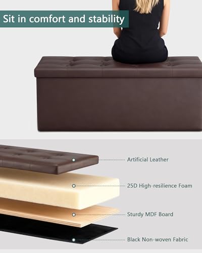 LITZFUR 43" Storage Ottoman Bench, Folding Faux Leather Chest, Brown | Stroage Box with 2 Dividers, Foot Rest Stool, Padded Seat for Bedroom, Entryway, Living Room