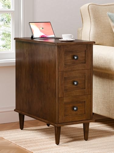 3-Drawer End Table with Built-in Charging Station, No Assembly Required Narrow Side Table with Outlets and USB Ports, Slim Nightstand for Living Room, Bedroom, Entryway (1, Cherry) - color: Cherry, size: 1 Piece