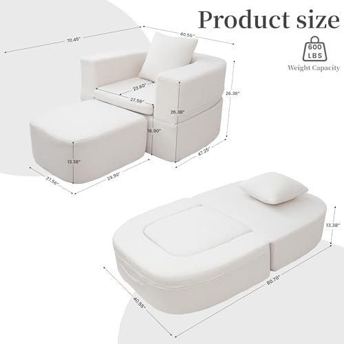 40" Pull Out Couch,2 in 1 Sleeper Sofa Bed,Convertible Sleeper Chair with Pillow Foldable Mattress with Back Support,Teddy Fleece,White - color: White