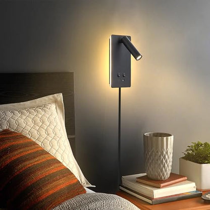 MOLUOLA LED Wall Lamp Wall Mounted Reading Lights Set of 2, Adjustable Headboard Plug in Wall Sconce with USB C+A Ports, Headboard Bedside Lamp with 9W+3W Night Light 3000K (Black) - color: Black, size: 2 Pack