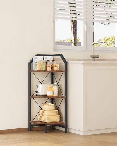 3-Tier Corner Shelf, Industrial Corner Bookshelf, 35.4" Storage Stand, Plant Stand Display Shelf, Bookcase for Bedroom, Living Room, Home Office, Rustic Brown and Black TCJ03BF - color: Rustic Brown and Black, size: 3-Tier