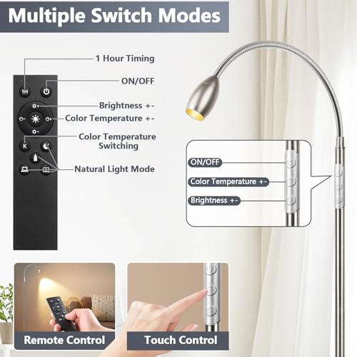 Reading Floor Lamp, 72" LED Dimmable Lamp with Gooseneck,Zoomable Spotlight | Adjustable Color Beam Standing Lamp, Touch & Remote Control, Task Craft, Sewing, Bedroom Living Room, Office, Brushed Nicke - color: Brushed Nickel