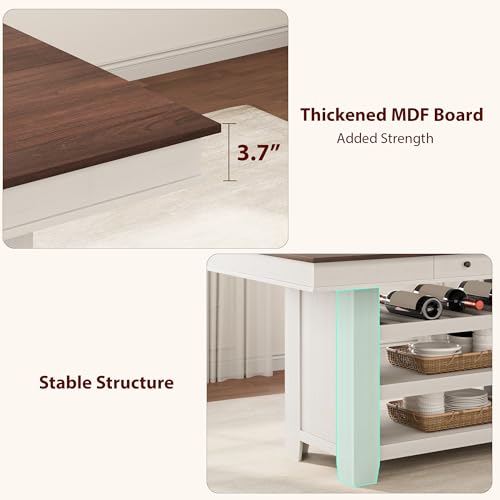 Farmhouse Dining Counter Height Table with Wine Rack & 3 Shelves, 36" Wooden Tall Dining Table with 2 Drawers, Thick Frame Counter Height Kitchen Table for Entertaining, Retro White Brown - color: Retro White Brown
