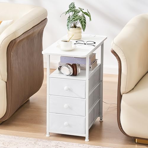 Narrow End Table with Charging Station, Narrow Side Table with 3 Fabric Drawers, Slim Nightstand with LED Light, Small Table with Storage, Living Room, Bedroom, White HKET1303WT - color: White, size: 11.8" W x 23.6" D, style: Power + Light