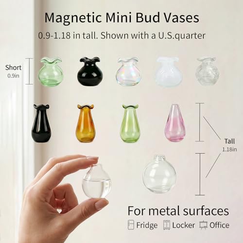 10-Pack Magnetic Mini Glass Vases Set with 30+ Flowers - Strong Magnet Decor for Fridge, Locker and Office - Small for Mom and Women - color: Glass