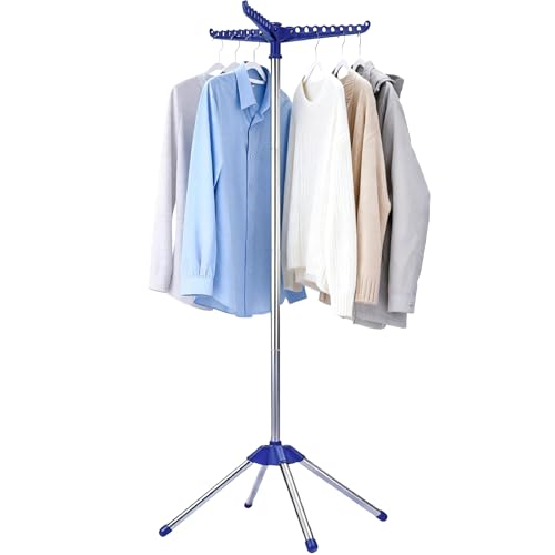 Beaudaily Clothes Drying Rack, Foldable Laundry Drying Rack, Indoor 59-Inch Drying Rack Clothing with 3 Rotatable Arms, Stainless Steel, Holds 27 Pieces, Space Saving, Portable, Blue and Silver - color: Blue + Silver, size: 1-Tier