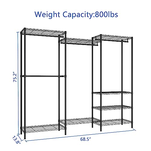 Heavy Duty Garment Rack,Freestanding Clothing Rack with 4 Hang Rods & 8 Shelves,Adjustable Closet Racks,68.5" L x 13.8" W x 75.2" H, Max Load 800LBS, Black