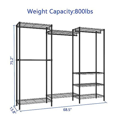 Heavy Duty Garment Rack,Freestanding Clothing Rack with 4 Hang Rods & 8 Shelves,Adjustable Closet Racks,68.5" L x 13.8" W x 75.2" H, Max Load 800LBS, Black