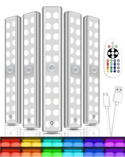 Under Cabinet Lighting,48LED RGB Rechargeable Under Cabinet Lights with Remote,Dimmable & 15 Color Temps,Magnetic Closet Light Bar,Wireless Under Counter Lights for Kitchen,Car,Shelf(5 Pack) - size: 5 Pack