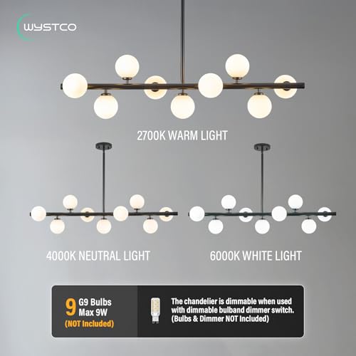 Mid Century Modern Globe Sputnik Chandelier, 9-Light Linear Chandeliers for Dining Room and Kitchen Island, Dining Light Fixture Over Table, Black and Milk White Glass Bubble, 40 Inch - color: Black Milk White, size: 9-Light 40 Inch