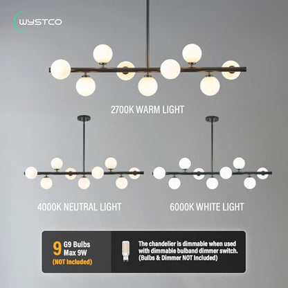 Mid Century Modern Globe Sputnik Chandelier, 9-Light Linear Chandeliers for Dining Room and Kitchen Island, Dining Light Fixture Over Table, Black and Milk White Glass Bubble, 40 Inch - color: Black Milk White, size: 9-Light 40 Inch