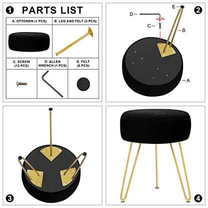 GERANT Multifunctional Vanity Stools - Velvet Round Ottoman Modern Dressing Stool -Upholstered Footrest Stool - Side Table Footstool with Golden Metal Leg for Living Room, Bedroom (Black) - color: Black