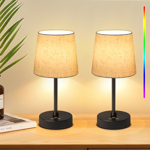 Wowag Small Cordless Table Lamp,5000mAh Rechargeable Battery Operated Desk Lamp,3 Colors & 7 RGB Stepless Dimmable, Portable Touch Wireless Lamp for Bedroom,Dining Table,Restaurant 2 Pack (Flaxen) - color: Black+Flaxen Shade 2 pack, size: 11.4in