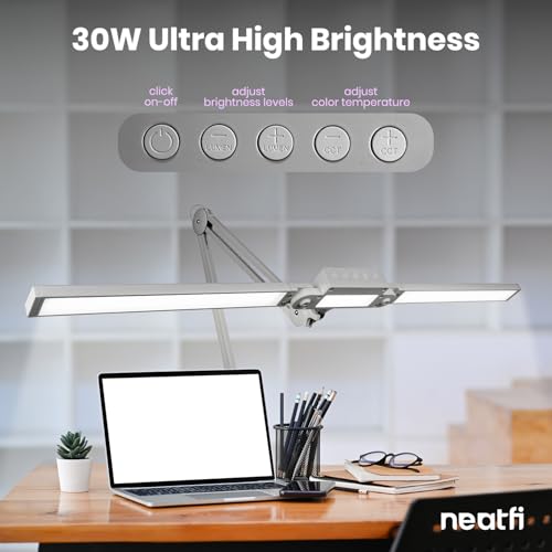 Neatfi Pro LED Desk Lamp | 3,000 Lumens | Dimmable 30W Desk Light | 360 SMD LEDs | CRI 95 | Adjustable Color Temperature | Home, Office, or Workbench (Silver, 41-Inch, CCT with Clamp) - color: Silver