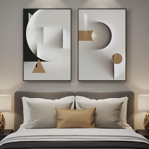 Framed Modern Wall Art for Living Room, Set of 2 Large Black and White Minimalist Paintings Print, Bright Style Geometric Pictures Artwork Decor for Bedroom Dining Room Hallway, 24x36 Inch - color: Black and White Brown, size: 24" W x 36" H x 2Pcs