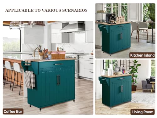 Kitchen Storage Island, Wooden Rolling Kitchen Island On Wheels with Countertop, Mobile Kitchen Island Cart with Towel Rack, Spice Rack and Drawers, Green - color: Green