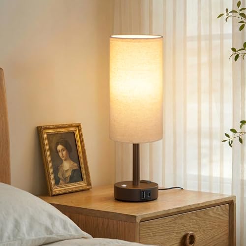 Brown Touch Bedside Lamp for Bedroom, Stepless Dimmable, USB A+C, AC Outlet | Base Touch Button Only, Memory Brightness, Ultra-dim Night Light, Included Bulb for Optimal Dimming, Beige Fabric Shade, Desk - color: Beige & Brown