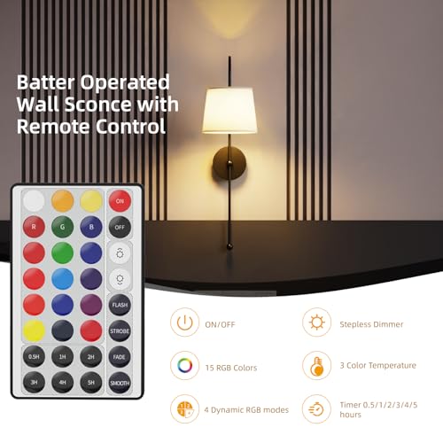 Battery Operated Wall Sconces Set of Two,Rechargeable Wireless Wall Lights | Battery Wall Sconce for Living Room Bedroom,2 Battery Powered Wall Lamp with Magnetic Dimmable RGB Bulbs & Remote - Black - color: Black