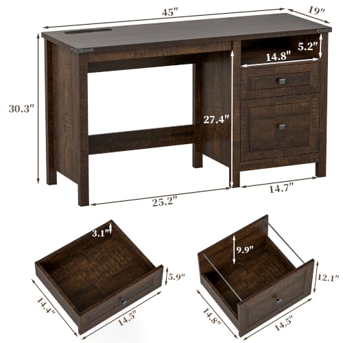 Farmhouse Executive Desk with Charging Station, 45″ Home Office Computer Desk with Drawer & Open Shelf, Writing Desk for Small Space,Dark Brown - color: Dark Brown