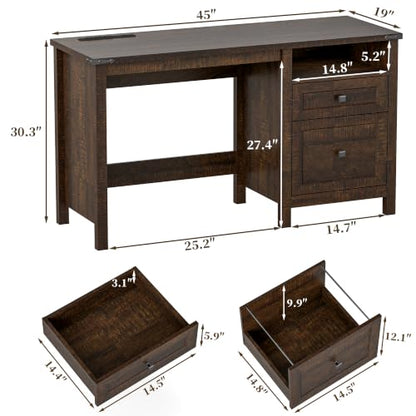 Farmhouse Executive Desk with Charging Station, 45″ Home Office Computer Desk with Drawer & Open Shelf, Writing Desk for Small Space,Dark Brown - color: Dark Brown