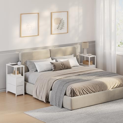 TUTOTAK Narrow End Table with Charging Station, Skinny Side Table | Bedside Table with Outlets, Nightstand with 2 Cloth Drawers, Couch Table for Living Room, Bedroom, White TB01BW055 - color: White, style: 2 Drawers & Plug